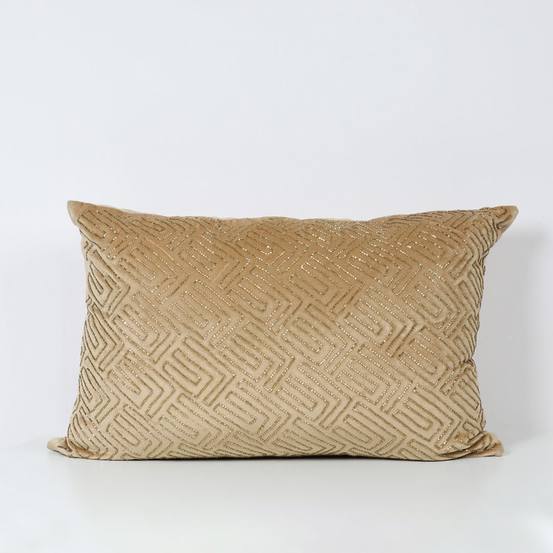 Labyrinth Heavily Embellished Design Velvet Throw Pillow, Gold