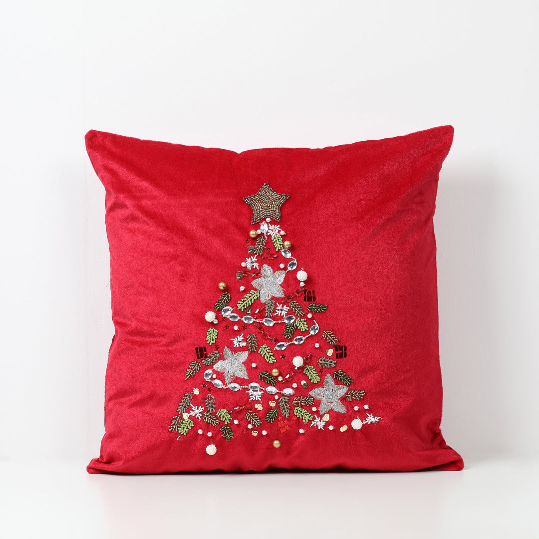 Velvet Beaded Whimsical Christmas Tree Pillow