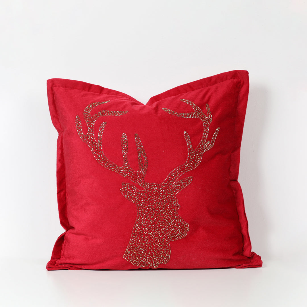 Velvet Hand Beaded Holiday Reindeer Pillow, red