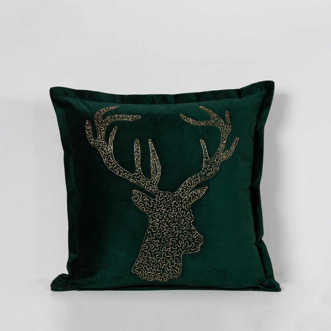 Velvet Hand Beaded Holiday Reindeer Pillow, green
