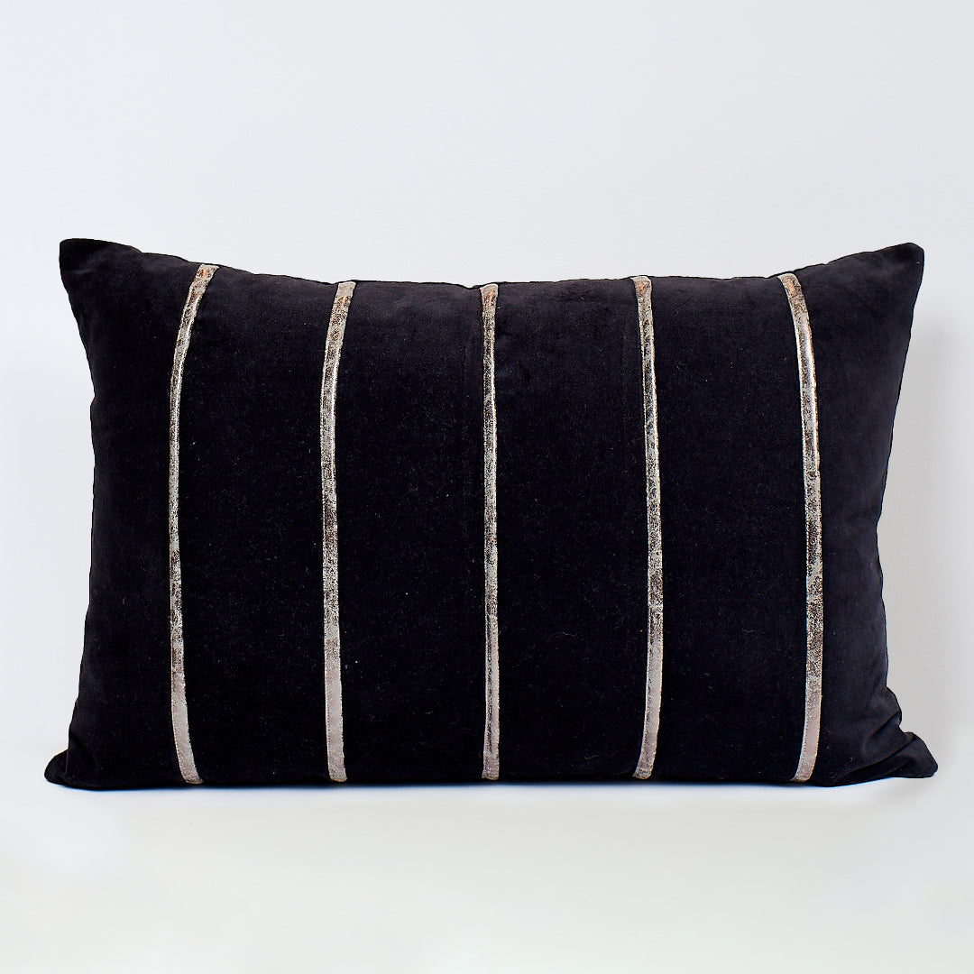 Jenny Striped | Black Velvet Throw Pillow With PU Stripes