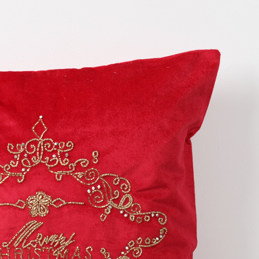 Velvet Hand Beaded Merry Christmas Pillow, red