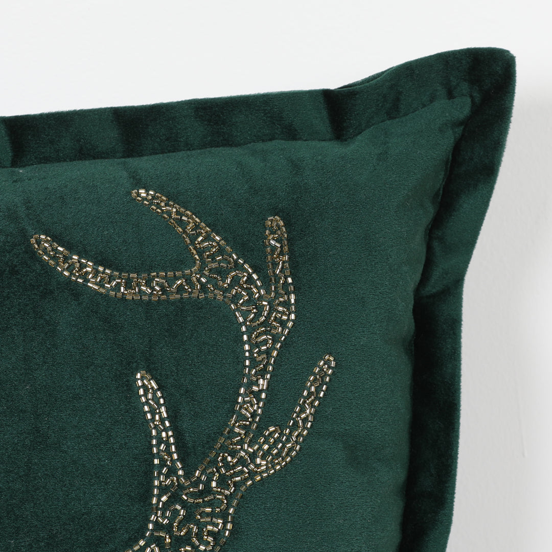 Velvet Hand Beaded Holiday Reindeer Pillow, green