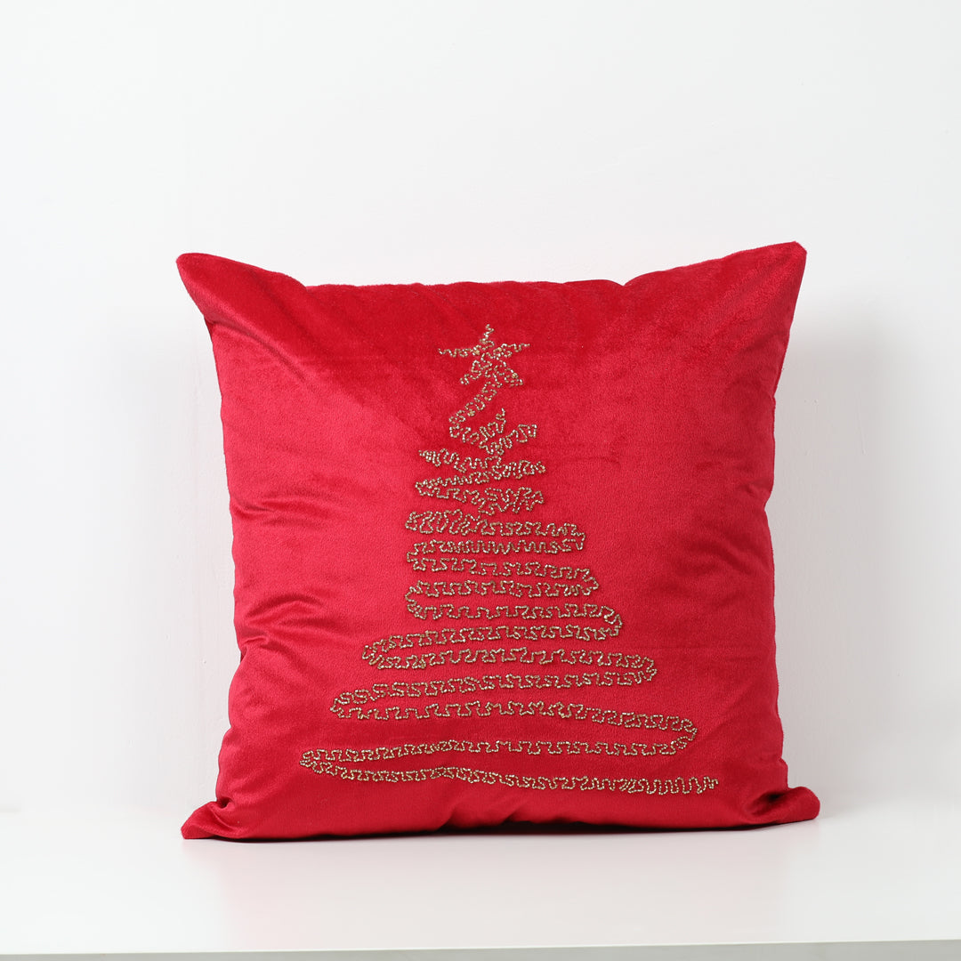 Velvet Hand Beaded Oh Christmas Tree Pillow, red